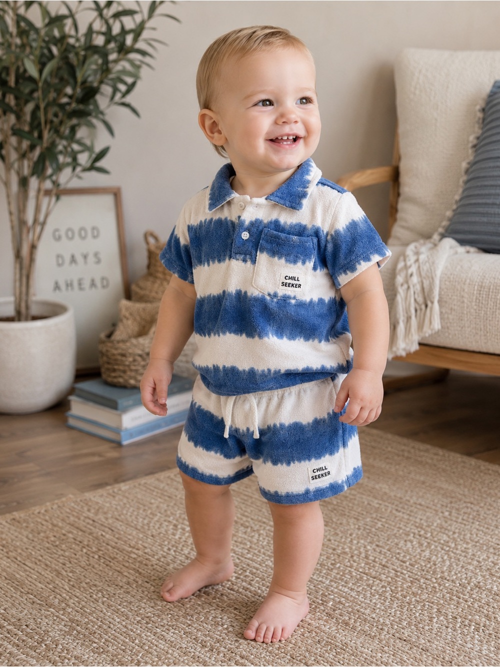 Grayson Mini 12M Blue White Terry Cloth Matching Set Polo Shirt Shorts Chill See